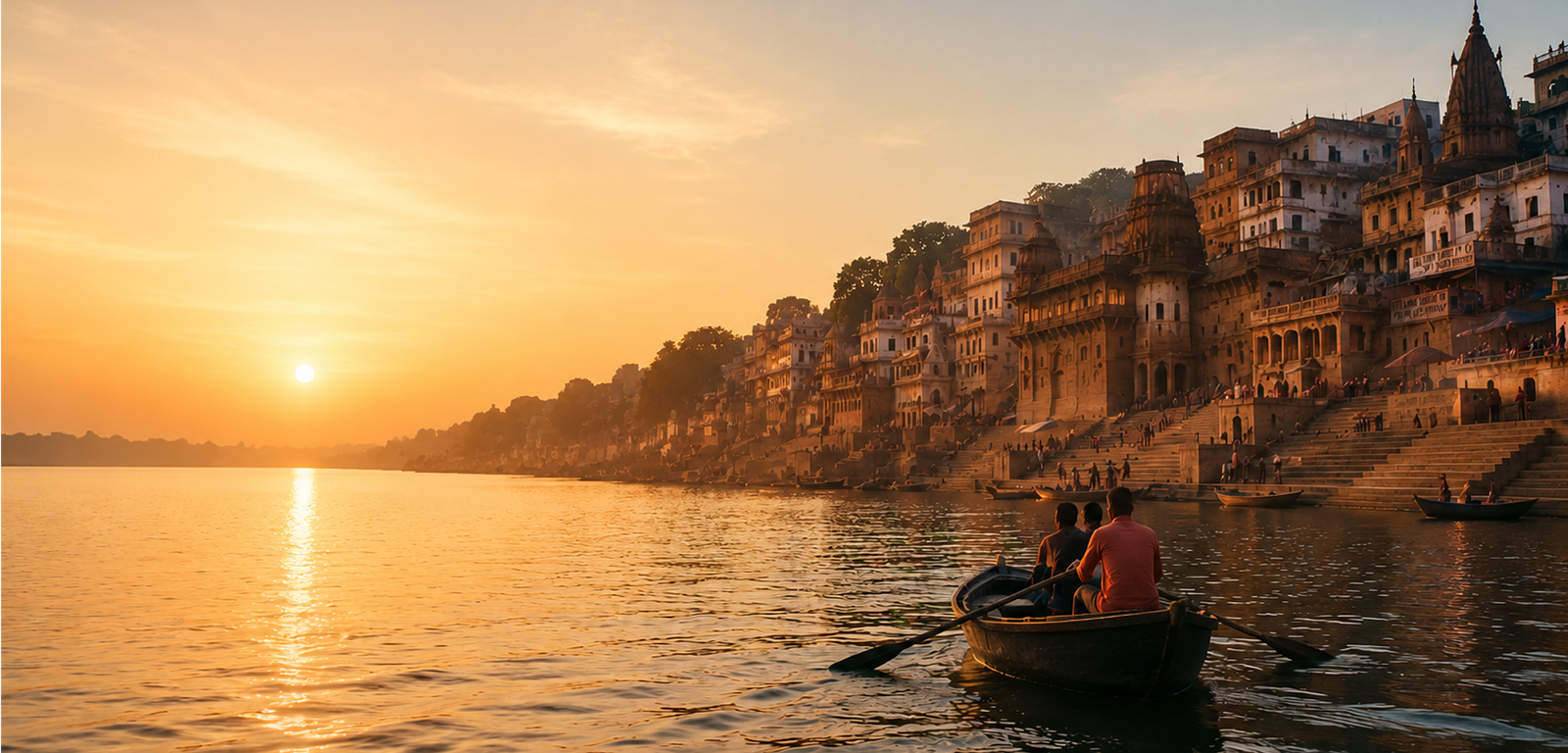 Sunrise over ancient Varanasi river ghats with wooden boats